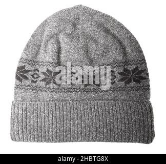 Comfortable and warm knitted Scandinavian style winter beanie hat decorated with Norwegian knitted rose pattern (Selburose) isolated on white backgrou Stock Photo