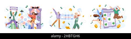 Lottery win flat vector illustration set. Lucky winners playing lotto, take part in prize drawing and receive money prize in gambling games. Happy people winning prizes. Luck and fortune concept. Stock Vector