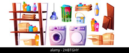 Vector cartoon set of household chemicals, basket for dirty linen, washing and dryer machine. Laundry room with cleaning supplies, wooden shelves with cardboard boxes and detergents in plastic bottles Stock Vector