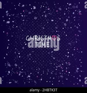 Christmas time text lettering with blowing snow on dark blue background. Holiday snowflake decoration ornament. Stock Vector