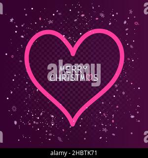 Christmas pink heart frame with blowing snow on dark red background. Holiday snowflake decoration ornament. Stock Vector