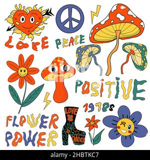 Retro Hippie Stickers Vintage Icons In 70s Style Psychedelic Funky