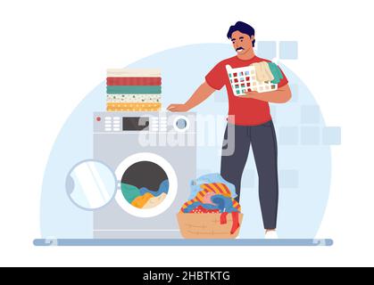 Man doing laundry in washing machine, vector illustration. Housework, household chores, housekeeping. Stock Vector