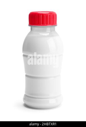 Small Plastic Milk Bottle Front View Cut Out on White. Stock Photo