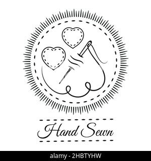 Hand sewn outline icon. Handmade sewing stitch. Tailor needle with thread. Patchwork, straight seam. Fabric patch with embroidery. Needlework vector Stock Vector