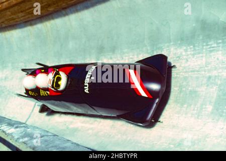 Austria-1 4 man bobsled during training run at the 1994 Olympic Winter Games. Stock Photo