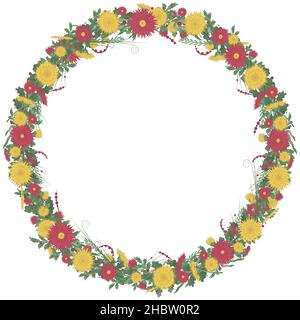 Floral round wreath frame with chrysanthemums. Red and Yellow garland Stock Vector