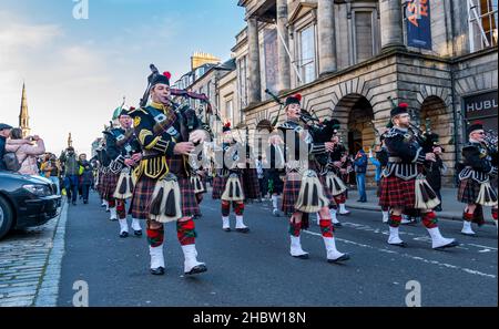 Scottish pipe band playing bagpipes at Diwali festival event parade, George Street, Edinburgh, Scotland, UK Stock Photo