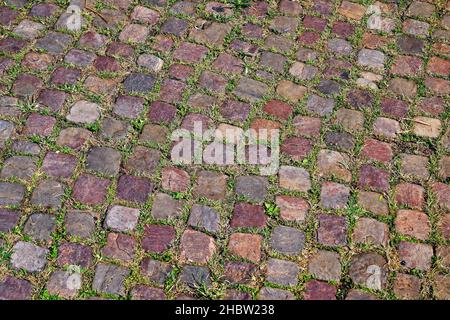 Cobblestone background with moss Stock Photo