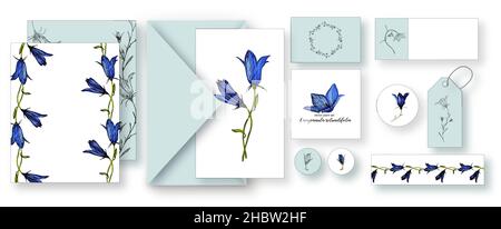 set of cards with a bright floral print. BLUE BELL FLOWERS Stock Vector