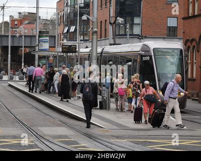 DUBLIN, IRELAND - Jul 04, 2019: A tram in the city center of Dublin Stock Photo