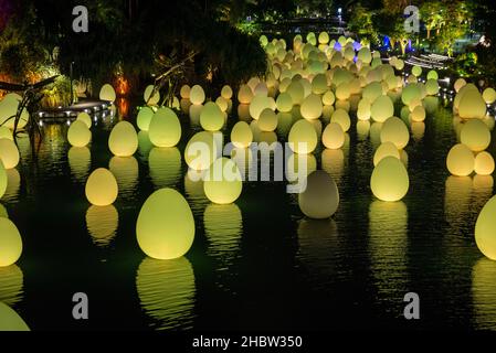 ' Autonomous Resonating Life on the Water and Resonating Trees ' interactive digital art installation, Dragonfly lake, Gardens by the bay, Singapore Stock Photo