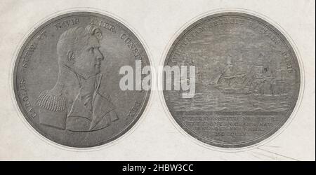 Antique c1830 etching, Captain Charles Stewart Naval Medal obverse and reverse. Charles Stewart (1778-1869) was an officer in the United States Navy who commanded a number of US Navy ships, including USS Constitution. SOURCE: ORIGINAL ENGRAVING Stock Photo