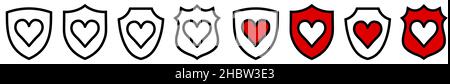 Heart icon inside shield, different versions. Love or protection concept Stock Vector
