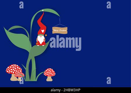 cute cartoon gnome with long red hat. Banner Scandinavian Nordic Santa Claus Elf in the woodland, vector isolated on blue background. Christmas theme Stock Vector