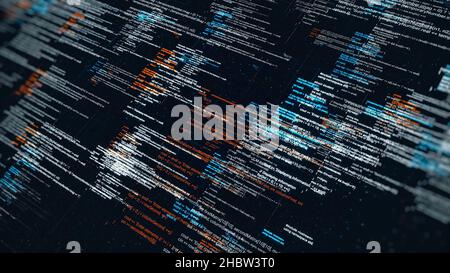 Abstract digital source code of a computer program on virtual display. Statistics recording and data processing over black background, seamless loop. Stock Photo