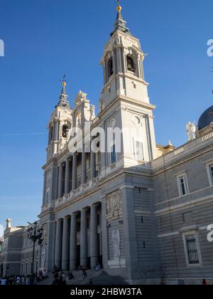 Almude Cathedral facacde facing Plaza de la Armeria, Madrid Stock Photo