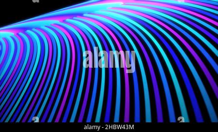 Abstract 3D rainbow-shaped elegant lines moving fast on black background, seamless loop. Blue and pink bended flowing neon stripes. Stock Photo