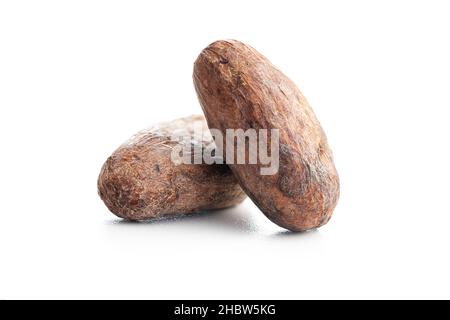 Dried cocoa beans isolated on white background. Stock Photo
