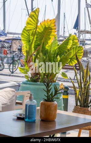 Athens, Greece - September 29, 2021: Blue labeled hand sanitizer on beautiful decorated outdoor table. Street coffee during coronavirus reopened Stock Photo