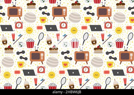 Seamless repeating pattern with cozy household items. Morning and evening routine. Vector illustration. Stock Vector