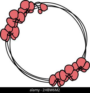 Doodle vector illustration of stylized wreath with orchid flowers. Round floral frame for your text Stock Vector