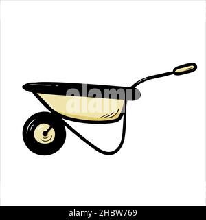 Hand drawn garden wheelbarrow. Doodle sketch style vector illustration. Drawing line simple wheelbarrow icon isolated on white background. Stock Vector