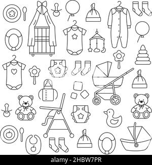 Newborn baby accessories thin line icons set Stock Vector