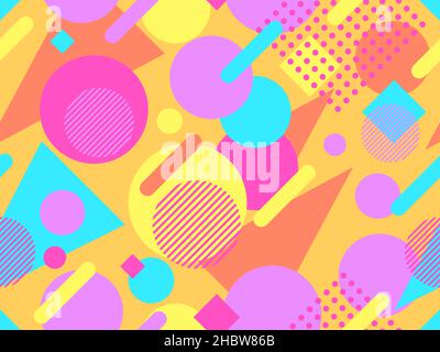 Geometric seamless pattern in 80s memphis style. Colorful background with geometric shapes. Design for promotional products, wrapping paper, brochures Stock Vector