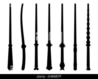 Black outlines of magic wands isolated on white background. Magic wands icons set. Tool of the wizard and the sorcerer. Magic items. Vector illustrati Stock Vector