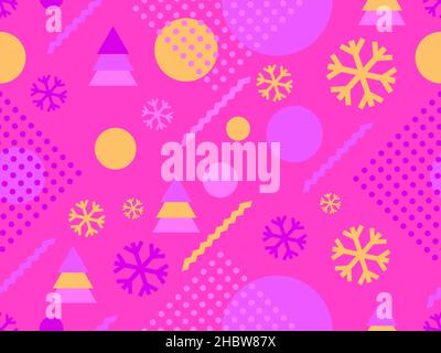 Christmas seamless pattern with geometric shapes in the style of the 80s. Christmas balls and trees with triangles, snowflakes for brochures, banners Stock Vector