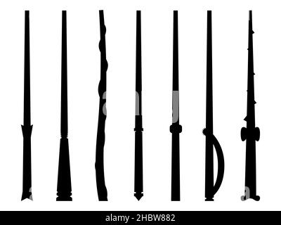 Black outlines of magic wands isolated on white background. Magic wands icons set. Tool of the wizard and the sorcerer. Magic items. Vector illustrati Stock Vector