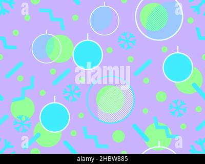 Christmas seamless pattern with Christmas balls and snowflakes with 80s style geometric shapes. Green and purple color. Design for wrapping paper, ban Stock Vector