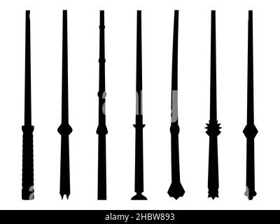 Black outlines of magic wands isolated on white background. Magic wands icons set. Tool of the wizard and the sorcerer. Magic items. Vector illustrati Stock Vector