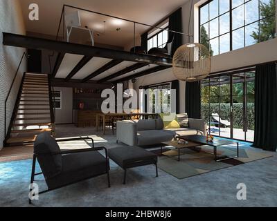 3D rendering of modern apartment with gallery above kitchen and living room area Stock Photo