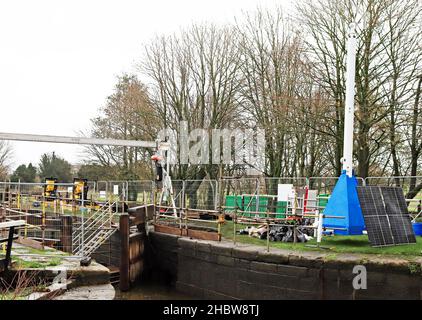 New lock gates have been fitted to lock two on the Rufford arm of the Leeds and Liverpool canal watched over by a temporary CCTV camera 3.12.2021. Stock Photo