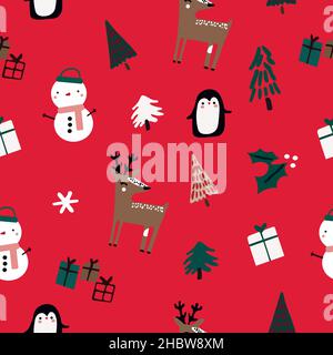 Christmas figures seamless pattern on red background. Christmas trees, snowman, cute reindeer, penguin, gifts, snowflake. Stock Vector