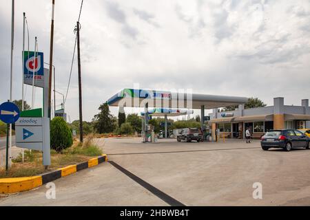 Lefkimmi, Corfu, Greece - August 05, 2021: Cars are refueled with gasoline on Jetoil gas station. Jetoil SA is a petroleum company operating in Greece