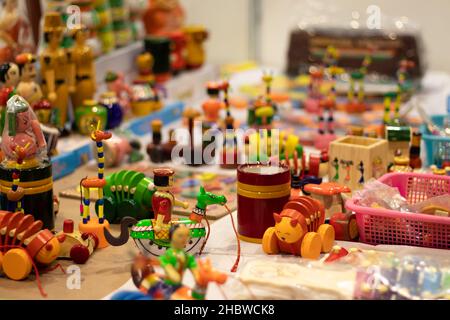 Collection Of Various Multicolored Toy For New Born Babies Infants. Eco Friendly Wooden Handmade Channapatna Ring Toys Originating From India Stock Photo