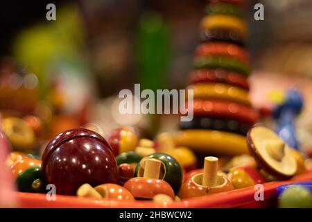 Collection Of Various Multicolored Toy For New Born Babies Infants. Eco Friendly Wooden Handmade Channapatna Ring Toys Originating From Karnataka, Ind Stock Photo