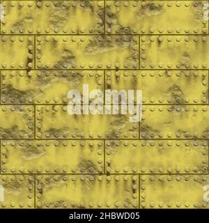 Weathered riveted metal plates. Useful for boilers, armor, hulls, ships, machinery, tanks. High resolution seamless pattern. Yellow color, roasted Stock Photo