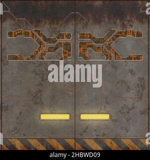 Realistic scratched weathered base industrial doors, high resolution seamless pattern, Futuristic star ships with yellow lights. Double sliding doors Stock Photo