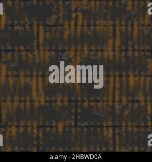 Weathered riveted metal plates. Useful for boilers, armor, hulls, ships, machinery, tanks. High resolution seamless pattern. Dark brown color, roasted Stock Photo