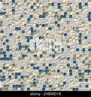 Decaying mosaic from concrete wall, 3D generated seamless texture, high definition pattern. Navy blue, yellow, green colors Stock Photo