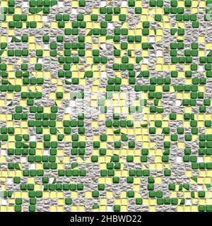 Decaying mosaic from concrete wall, 3D generated seamless texture, high definition pattern. Yellow, green colors Stock Photo