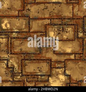 Rusty welded metal plates with alternative panel layout, derelict welded metal. 3D generated seamless texture, high definition pattern. Golden yellow Stock Photo