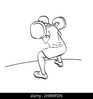 line art back view full length muscular young man in sportswear lifting weights illustration vector hand drawn isolated on white background Stock Vector
