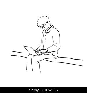 line art man with glasses working on laptop computer outdoors illustration vector hand drawn isolated on white background Stock Vector
