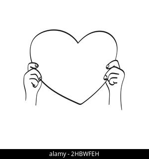 line art closeup hand holding big heart sign illustration vector hand drawn isolated on white background Stock Vector