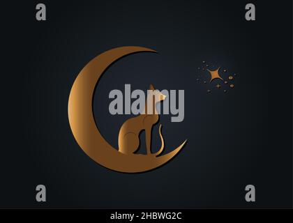 Egyptian Black Cat sitting on the crescent Moon, look at the stars. Golden Alchemy Logo Wicca symbol, boho style, gold tattoo icon. Vector SIGN Stock Vector